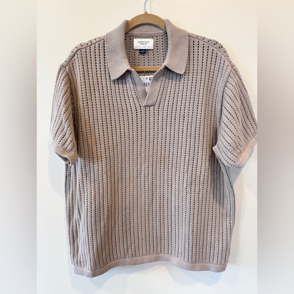 NWT New America Eagle Knit Loose Cotton Polo Short Sleeve Shirt Tan Beige Large